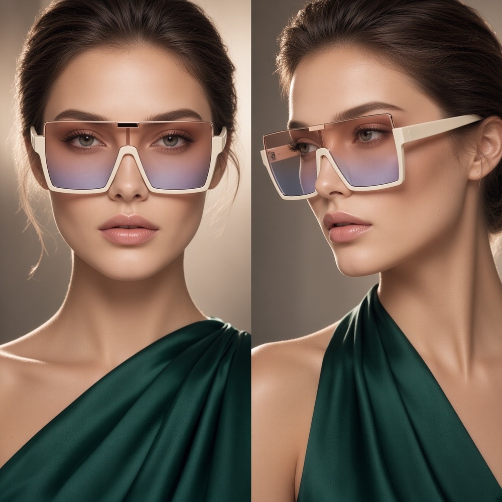 Oversized Square Shield Sunglasses Cream Frame Orange Purple Gradient Lens Women